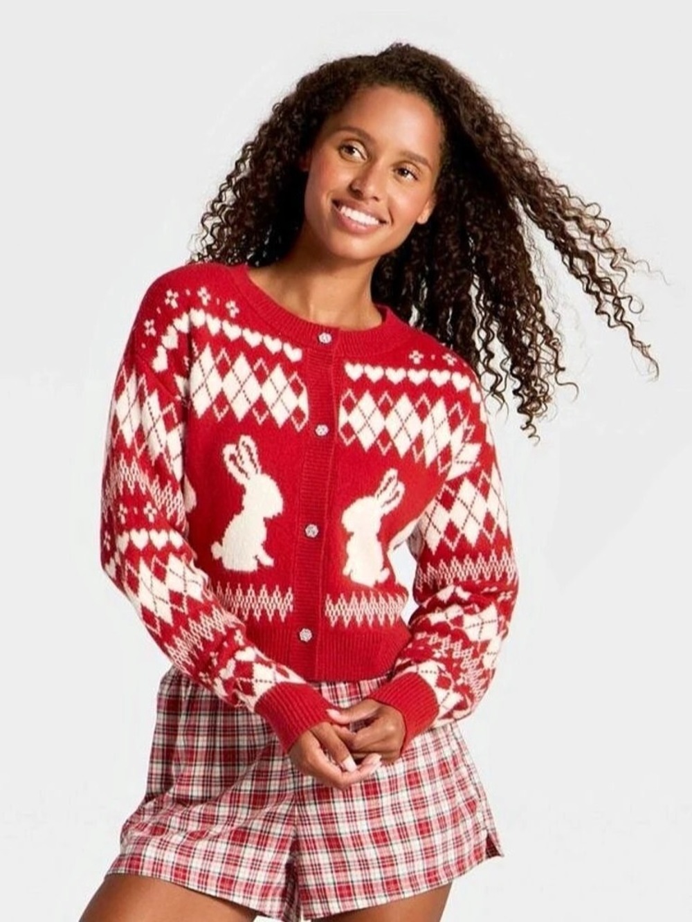 Wild Fable Red Bunny Rabbit Cropped Cardigan Sweater with Argyle Pattern xxl